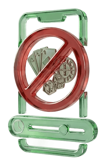 Mobile device showing on-device gambling block with red prohibition symbol over cards & dice